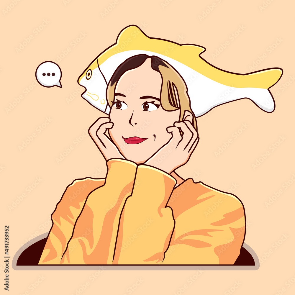 Cute Girl Character wearing Fish Hat with Confused and Delirious