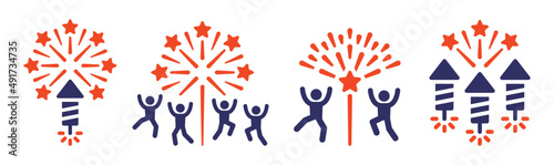 Celebration icon collection. Containing fireworks, people celebrating, firecracker icon. Vector illustration