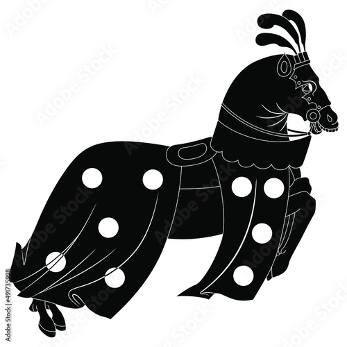 Running jumping horse in medieval tournament joust horsecloth. Black and white silhouette. Isolated vector illustration.