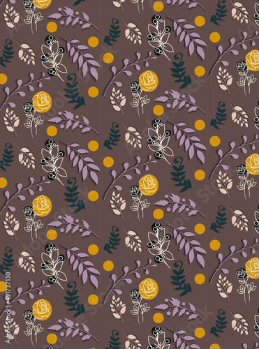 Fototapeta Naklejka Na Ścianę i Meble -   Seamless pattern with flowers and leaves in the paper cut style on the purple background
