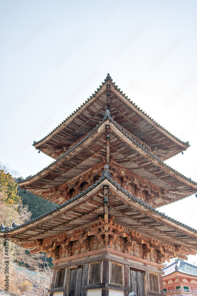 Three‐storied pagoda in Tsubosaka temple in Nara, Japan