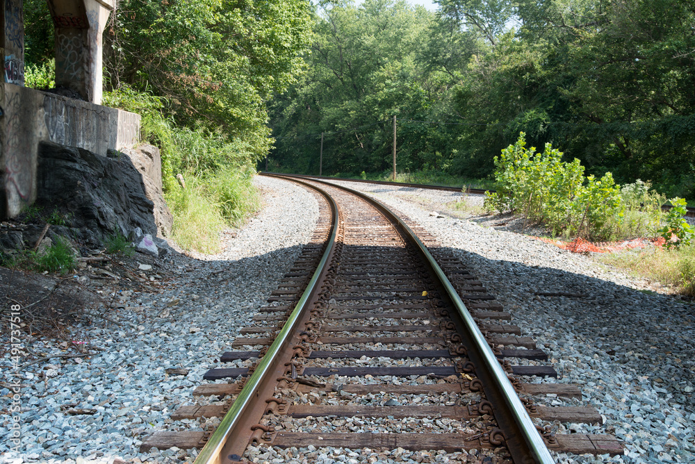 Railroad with wooden sleepers in a summer forest Railroad with wooden sleepers in a summer forest