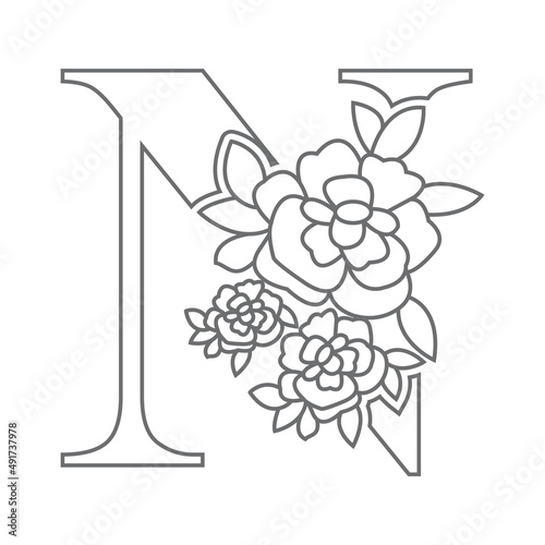 Floral alphabet letter coloring book for kids. Vector illustration of educational alphabet latter with flower art work coloring pages. 
Doodle style.
