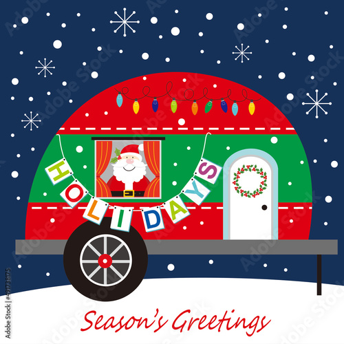 christmas card with santa claus in the caravan