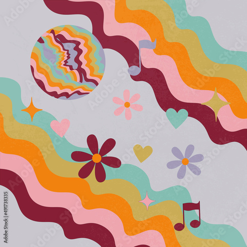 Set of hand drawn various shaped objects. Abstract hippie 70s retro illustration. Stars, flowers, circles, waves, notes, heart, love, planet. Design for card, logo, posters, invitation, web and print 