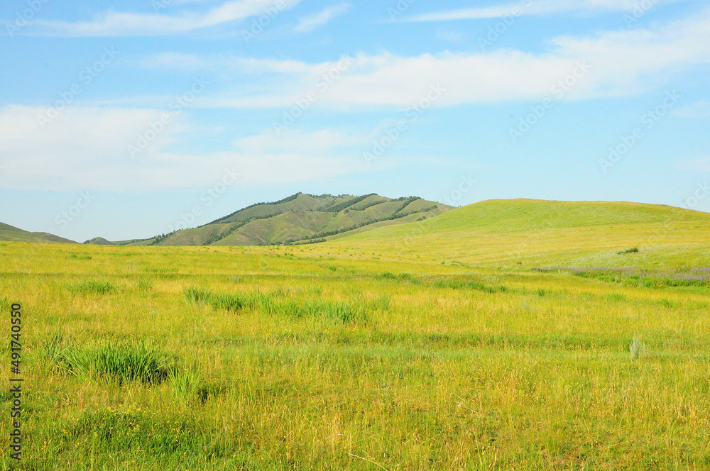 A mountain range on the edge of the endless steppe under a summer sunny sky.