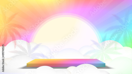 Summer background with empty square pedestal for product display and colorful summertime scene. Vector illustration.