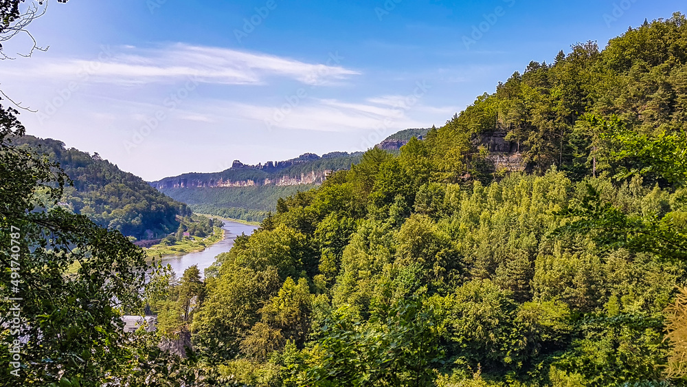 View over the Elbe valley and a chain of sandstone rocks near Schmilka