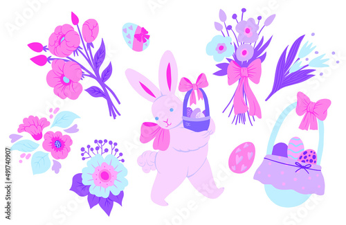 Easter set. Сute Bunny Basket with Easter Eggs Bouquet of Flowers. Spring Flowers. Perfect for printing poster, sticker set, bunners. Hand drawn vector cartoon illustration.