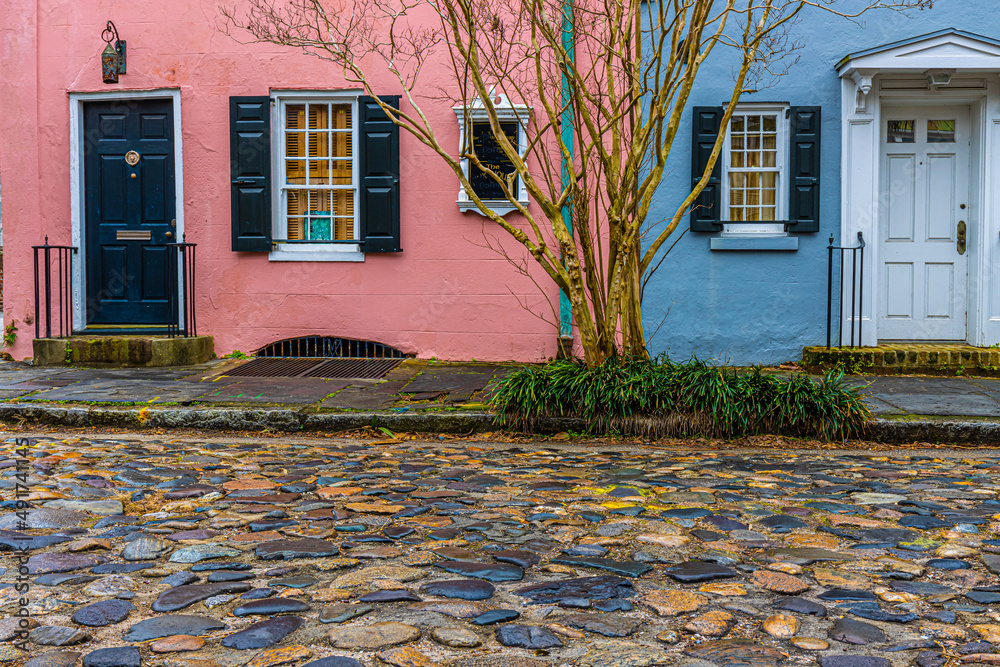 Fototapeta premium Pre Colonial Architecture and Cobblestone Paved Chalmers Street in The Historic District, Charleston, South Carolina, USA