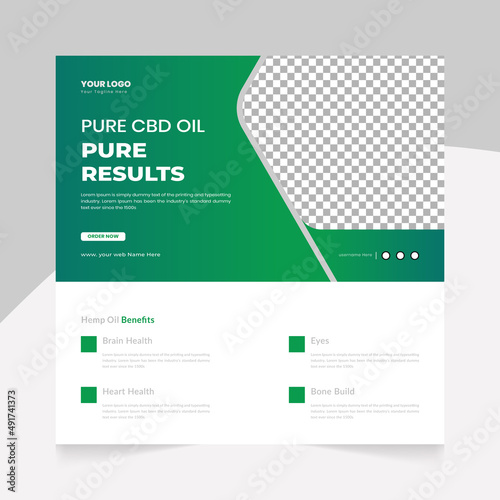 Hemp oil product or cbd cannabis sativa, Creative social media post template or green color ads banner design.