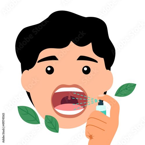 Man using mouth spray for fresh breathing or sore throat infection treatment in flat design on white background.