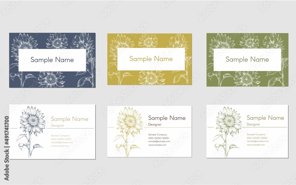 set of business card template design with hand drawn sunflower illustration