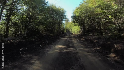 Vehicle shot. Point of view of a 4x4 truck driving along the dirt route in the forest, after a rainy day. The sun creates a beautiful flare.