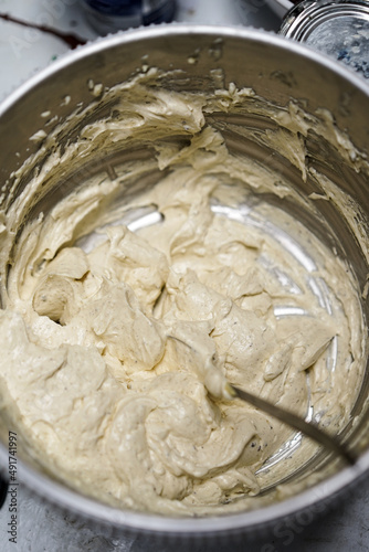 Turkish Kaymak Clotted cream, butter cream. Gray background. Top view. Copy space