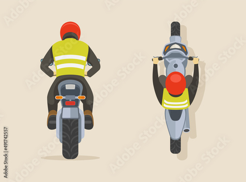 Isolated man in a red helmet riding motorcycle. Back and top view a bike rider. Flat vector illustration template. 