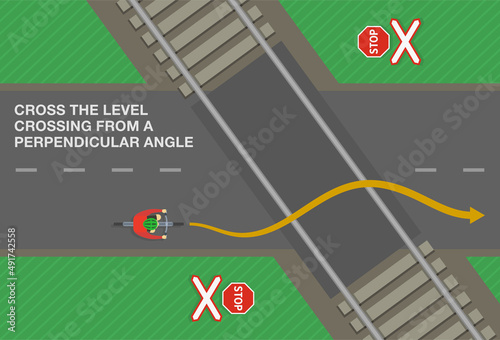 Safety driving rules and tips. Cross the level crossing from a perpendicular angle. Top view of a cyclist on a city road. Flat vector illustration template.