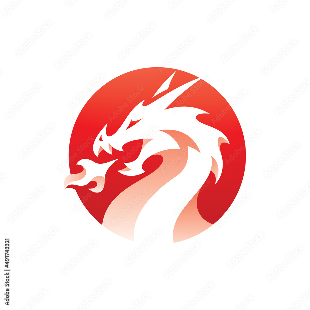 Negative space dragon head fire breath in a circle shape logo design. Dragon head vector icon with modern gradient color style Negative space dragon head fire breath in a circle shape logo design. Dragon head vector icon with modern gradient color style