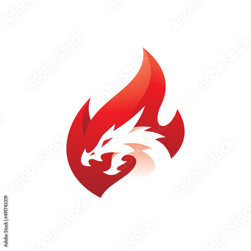 Negative space dragon head and fire flame logo design, fire dragon vector icon