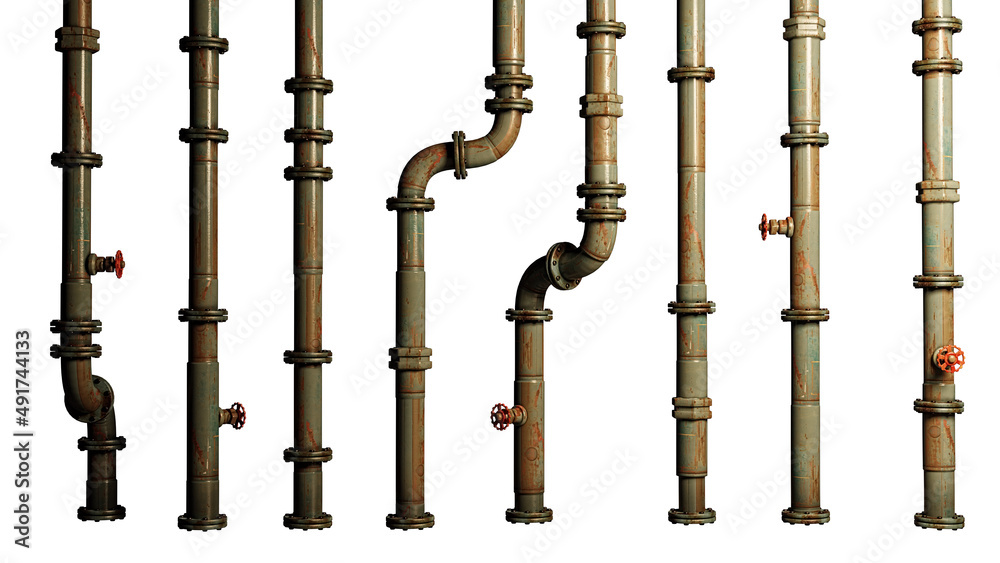 set of metal pipes with valves, connectors and rivets (isolated cutout on white background, 3d render) - obrazy, fototapety, plakaty 
