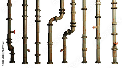 Print op canvas set of metal pipes with valves, connectors and rivets (isolated cutout on white
