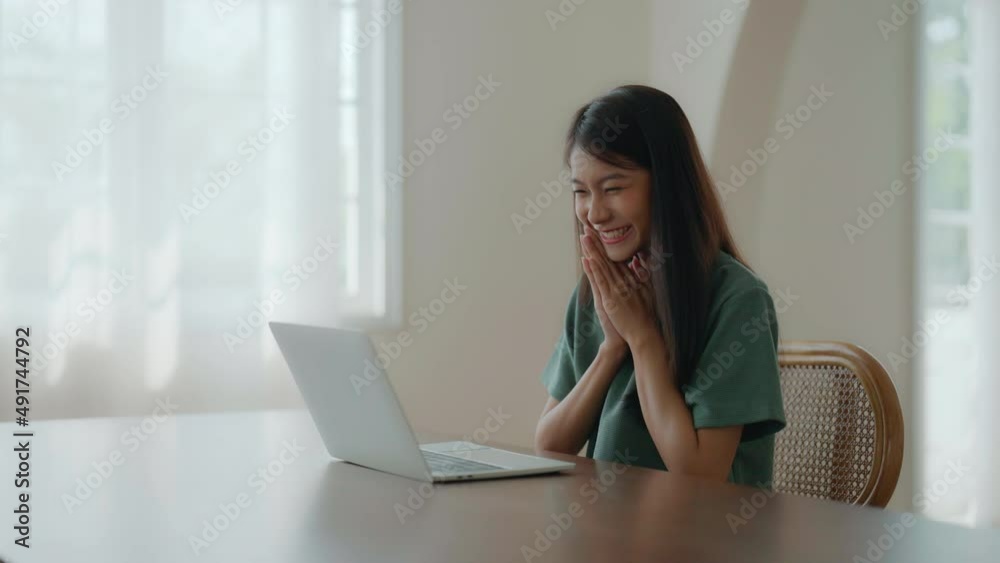 Excited asian female feeling euphoric celebrating online win success achievement result, young woman happy about good email news, motivated by great offer or new opportunity, passed exam, got a job