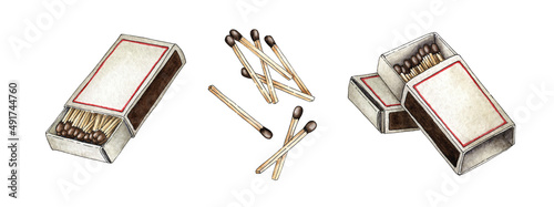 Watercolor illustration set of matchboxes full of red matches. Get the flame. Light the fire. Burnt wooden stick. Hand drawn doodles. Isolated on white background. Drawn by hand.