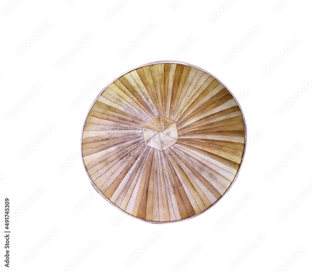 Top view old plam leaf hat with dust stain and dirty texture  isolated on white background , clipping path