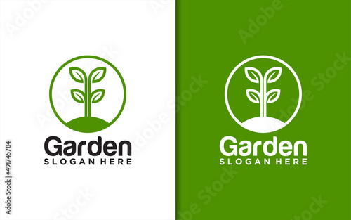 Shovel scoop with leaf plant line garden plantation farm logo design