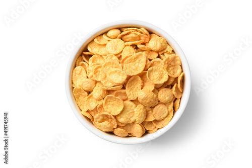 Εκτύπωση καμβά Flat lay of corn flakes in white bowl isolated on white background