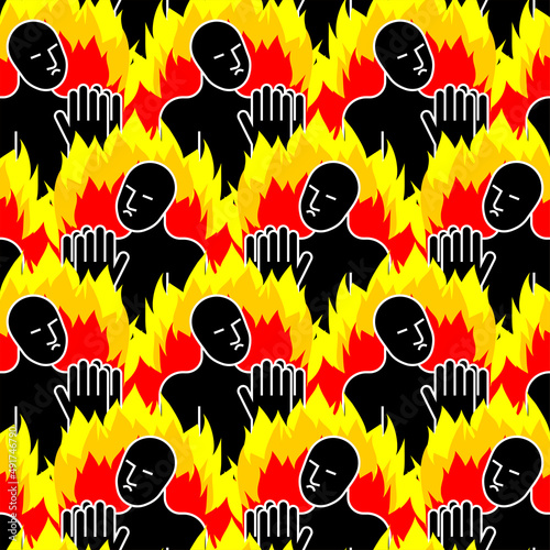 Sinner pattern seamless. Sinner in fire to repent texture. Man prays in fiery hyena ornament. Man in Hellfire background