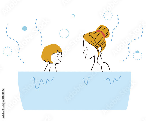 線画カラーイラスト　娘と母親で入浴