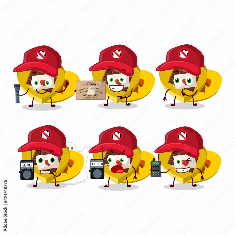 Ghost hunter cartoon yellow love open gift box character using camera Ghost hunter cartoon yellow love open gift box character using camera