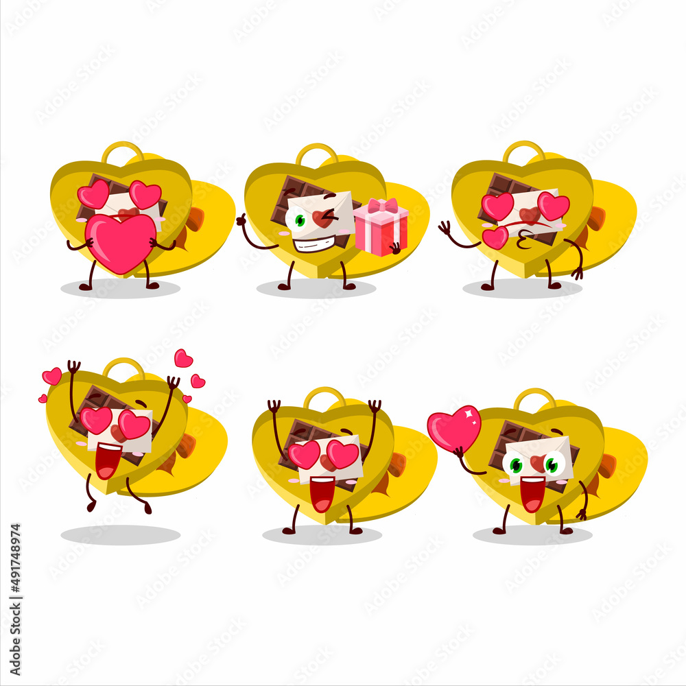 Yellow love open gift box cartoon character with love cute emoticon Yellow love open gift box cartoon character with love cute emoticon