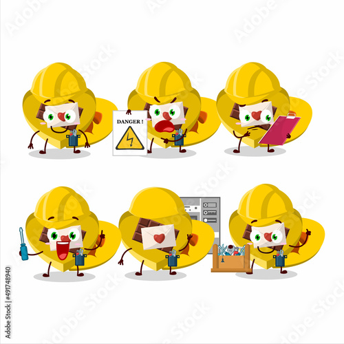 Professional Lineman yellow love open gift box cartoon character with tools