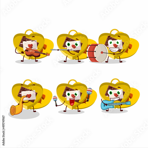 Cartoon character of yellow love open gift box playing some musical instruments