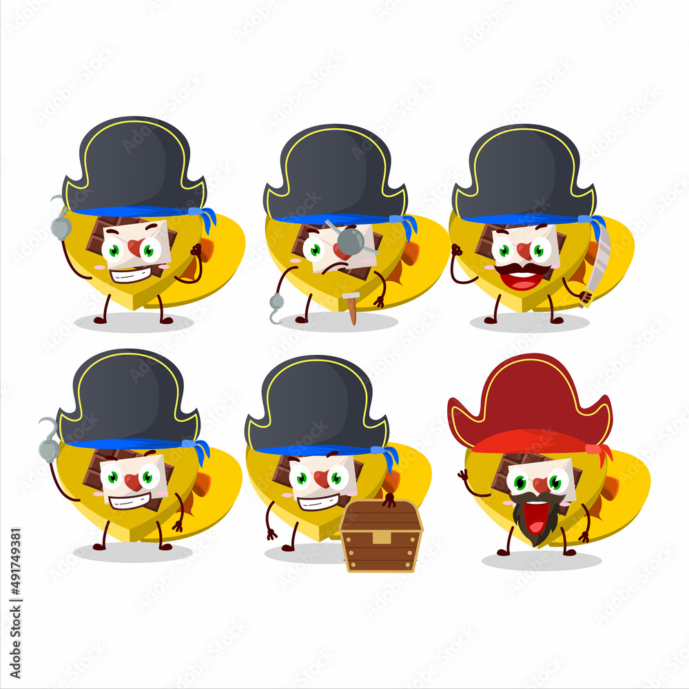 Cartoon character of yellow love open gift box with various pirates emoticons