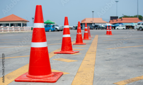 Traffic cones are placed on the road.