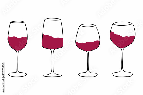  Set of glasses with red wine. Vector set in doodle style.