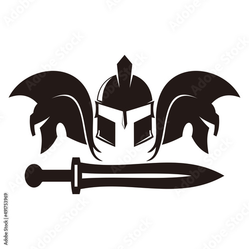 Three spartan helmet and sword icon	