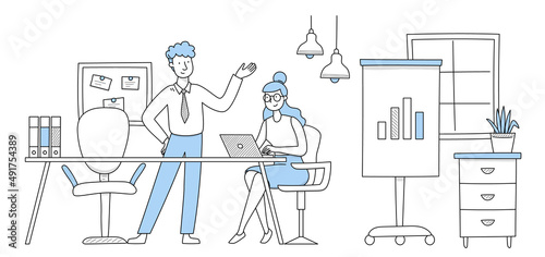 Office workers doodle concept with businessman and businesswoman communicate at workplace interior. Colleagues chatting at desk with laptop, whiteboard and memory board, Line art vector illustration