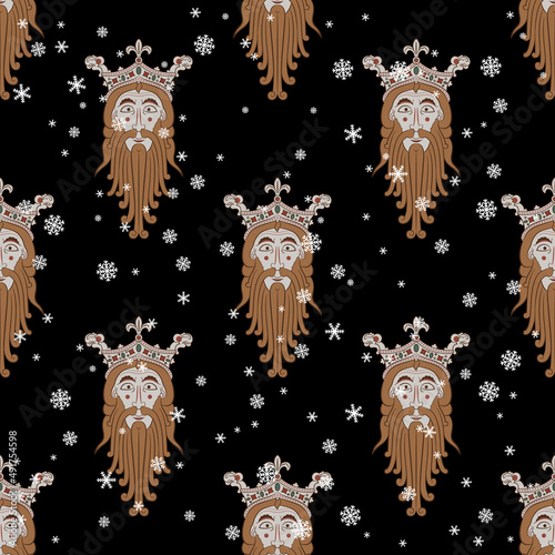 Seamless vintage pattern with heads of bearded men in royal crowns and snowflakes. Norse god Woden or Odin. On black background. Seasonal winter design.