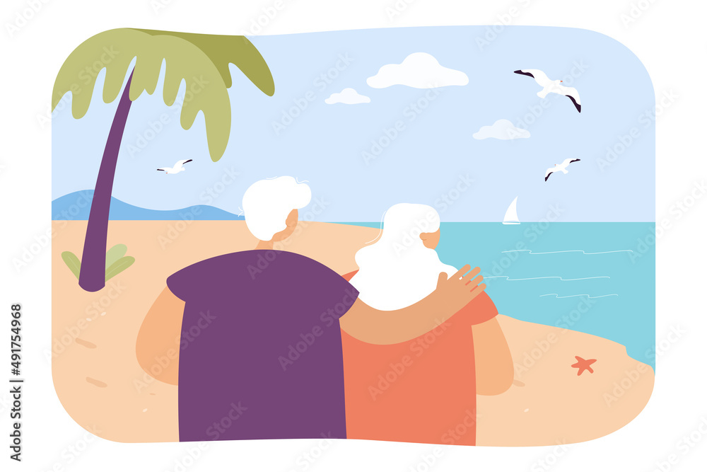 Senior couple relaxing on beach flat vector illustration. Back view of wife and husband hugging while admiring seascape on vacation. Love, travel concept for banner, website design or landing web page