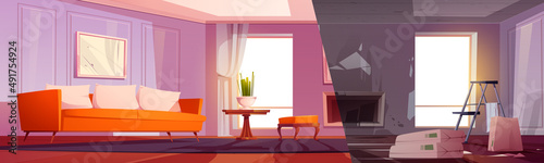 House living room under renovation and after repair. Vector cartoon illustration of empty home room interior with ladder and construction materials and clean lounge with new design, sofa and carpet