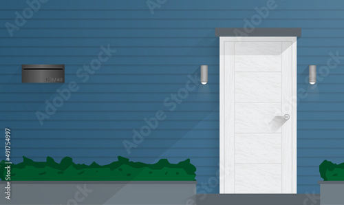Entrance vintage house. Frontside residence white wood door, blue wall, metal lamp mailbox with plant gate. White architecture elevation with shadow.