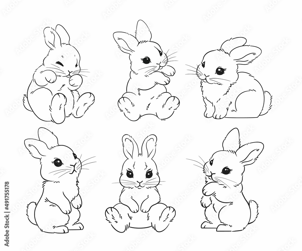Set of cute rabbits hand drawn in one line, vector graphics, cute hare, spring symbol, sleep sitting cartoon character, easter holiday, printable coloring book.