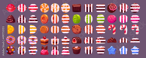 Game icons of chocolate and hard sugar candies, lollipop, fruit drops, cake and bonbon with white stripes. Vector cartoon set of sweet food symbols of caramel and dessert for casino slot machine