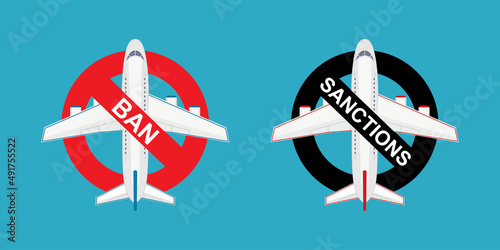 Fly ban. Ban on international flights. Restriction of movement. Aircrafts in red and black warning circles. Russian airlines under sanctions and flight ban.