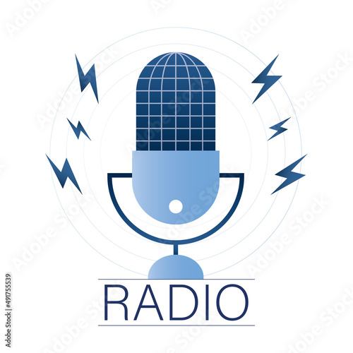 Big microphone with audio waves and lightnings. Entertainment, music show. Radio station logo, sign or banner template. photo