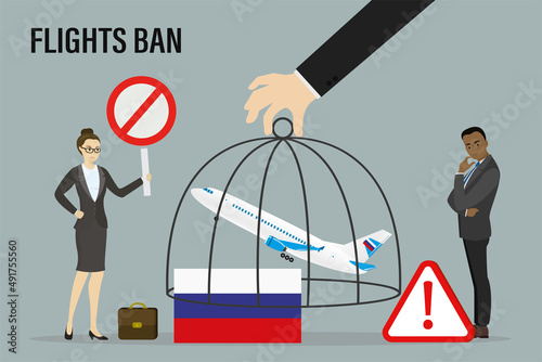 Politicians hand lowers cage on airline and Russian flag. Aircrafts locked under sanctions. Economic and flights ban, embargo are imposed on Russia and individual citizens.